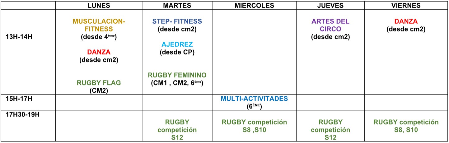 Horaires des activités